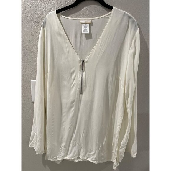 Michael  KORS Career WOMENS WHITE BLOUSE 1/4 ZIP V-NECK LONG SLEEVE SIZE LARGE - Picture 1 of 7